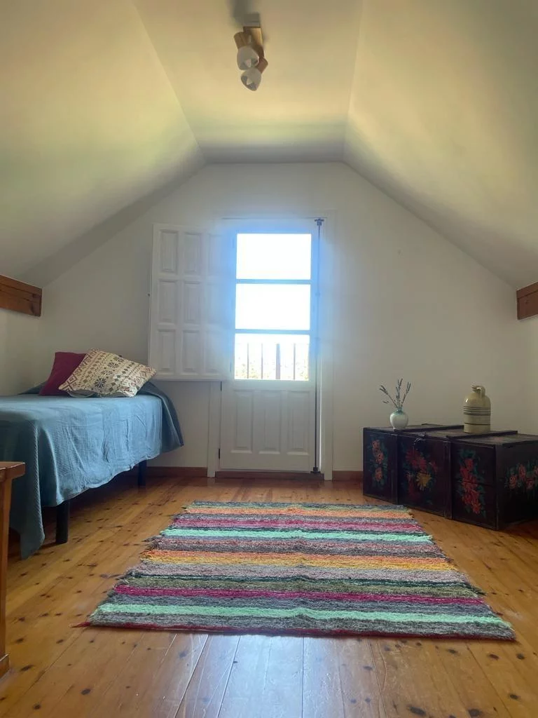 Una habitación abuhardillada con una cama y alfombra